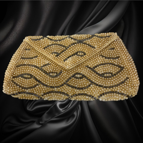 Unbranded Handbags - Vintage 1960's Beaded Waves Pearl & Black Evening Bag Purse Pouch Clutch